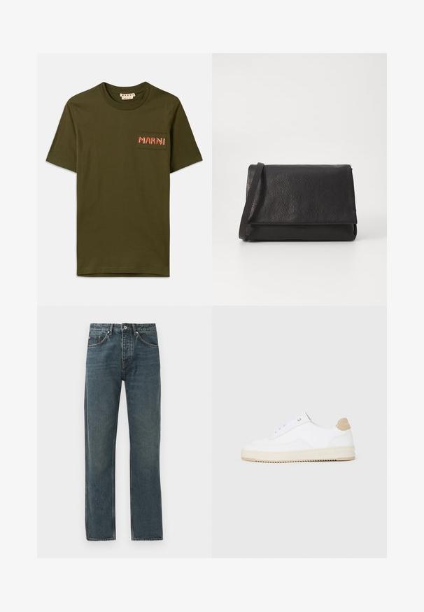 Maslinasto zelena pamučna majica kratkih rukava s okruglim izrezom, koja ima mali džep, a na njemu je izvezen natpis "MARNI" crvenim koncem.; Tamno plave traperice s ravnim nogavicama, koje imaju pet džepova, zatvaranje na dugme i kontrastne šavove.; Bijele niske tenisice s gornjim dijelom od teksturirane kože, kremasto žljebastim potplatom i smeškim akcentom na peti. Imaju bijele vezice i detalj s logotipom na peti.; Crna kožna torbica s teksturiranim vanjskim dijelom, preklopnom flapom i tankim remenom za rame, s minimalističkim dizajnom i bez vidljivih metalnih dijelova.