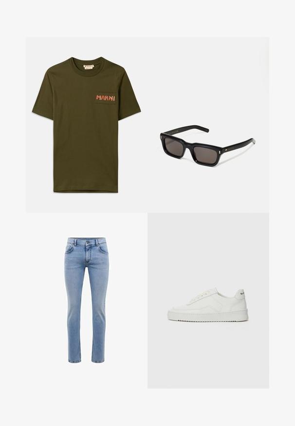 Olivgrön bomullströja med rundad halsringning, prydd med en liten bröstficka och broderad "MARNI" i röd tråd.; Ljusblå denimjeans med slim fit, fem fickor och rak bendesign. Har dragkedja och bälteshällor. Mjuk textur.; Vita lädersneakers med en jämn yta, rund tå, platta snörningar och en strukturerad sula. Har en diskret logotyp på hälen.; Svarta rektangulära solglasögon med mörka linser, tjock plastbåge, guldfinish på skalmarna och varumärkeslogotyp graverad på armen.
