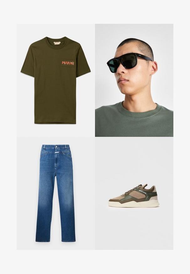 Tricou din bumbac de culoare verde măsliniu, cu guler rotund, având un mic buzunar aplicat și brodat "MARNI" cu fir roșu.; Jeans din denim albastru cu o croială dreaptă, având închidere cu nasture, bucle pentru curea și o ușoară decolorare pe coapse.; Sneaker bej și verde, de tip low-top, cu laterale perforate, talpă albă, șireturi în față și branding "FILLING PIECES" pe panoul lateral.; Ochelari de soare rectangulari negri cu lentile închise, având o formă distinctivă și branding pe templu. Purtați de o persoană într-o cămașă verde.