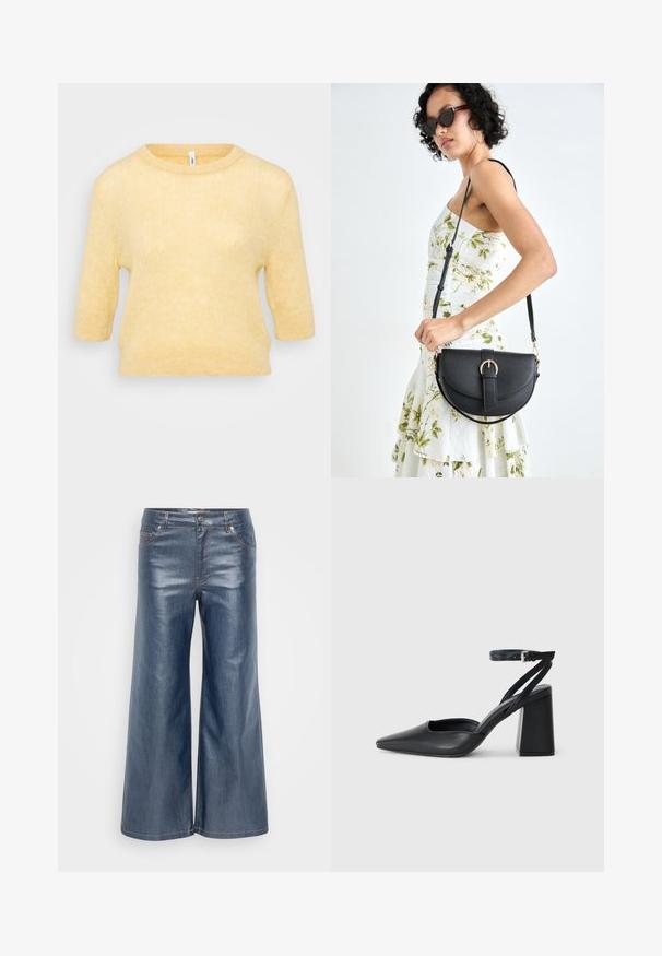 Sweater amarelo de mangas curtas, feito de um tecido macio e texturizado, com decote redondo e punhos e bainha canelados. Design leve e de ajuste solto.; Calças de denim de pernas largas em azul-escuro, com uma textura suave, design de cinco bolsos e costuras contrastantes. Fecho frontal com botão e fecho éclair.; Sandal com biqueira afilada em couro preto, com cinta no tornozelo e salto grosso. Textura lisa, design elegante e estética minimalista.; Bolsa de couro preta com forma curva, alça destacável e detalhes em dourado. A bolsa possui uma aba com detalhe de fivela.