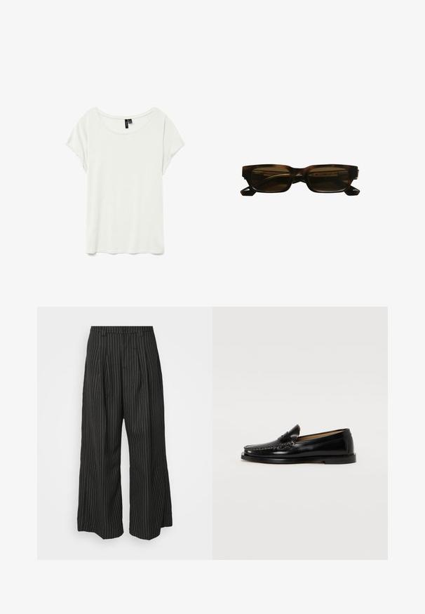 White short-sleeve t-shirt with a scoop neckline, made from smooth, lightweight fabric. Features a relaxed fit and no visible patterns or accents.; Black pinstriped wide-leg trousers with pleats, featuring a tailored design and a soft texture. No visible hardware or accents.; Black leather loafers with a rounded toe, decorative stitching, and a flat sole. Smooth texture and minimalistic design.; Tortoiseshell rectangular sunglasses with dark lenses, thick acetate frames, and angular temples. The brand name appears on the inner arm.