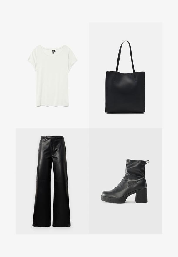 T-shirt branco de manga curta com decote arredondado, feito de um tecido suave e leve. Apresenta um corte descontraído e sem padrões ou detalhes visíveis.; Calças largas de imitação de couro pretas, de cintura alta, com botão frontal, fecho de correr, passadores de cinto e bolsos laterais sobre fundo branco.; Botas de tornozelo pretas feitas de couro liso, com fecho lateral, salto grosso texturizado e design de bico arredondado.; Bolsa tote preta em couro com textura lisa, forma retangular e duas alças longas. Sem hardware ou enfeites visíveis.
