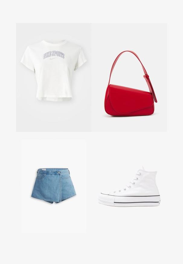 Valge lühikeste varrukatega puuvillane lühike t-särk, millel on lillat värvi tikand "NIKE SPORTS" ja väike Nike logo. Ümara kaelusega.; Heledad lühikesed teksad helesinises toonis, millel on ümber kerimine, esikotid ning metallnööbiga sulgur. Sile tekstuur ja õmmeldud servad.; Valge kõrgem kangast tenniseking, millel on must kummist tald, ees kummist varvasetugi ja kuus aukku paelte jaoks, pakkudes puhta ja minimalistliku disaini.; Punane nahast käekott, millel on nurkadega geomeetriline disain. Omab ühte reguleeritavat rihma ja klappidega sulgemist, millel on õmblustega kaunistused.