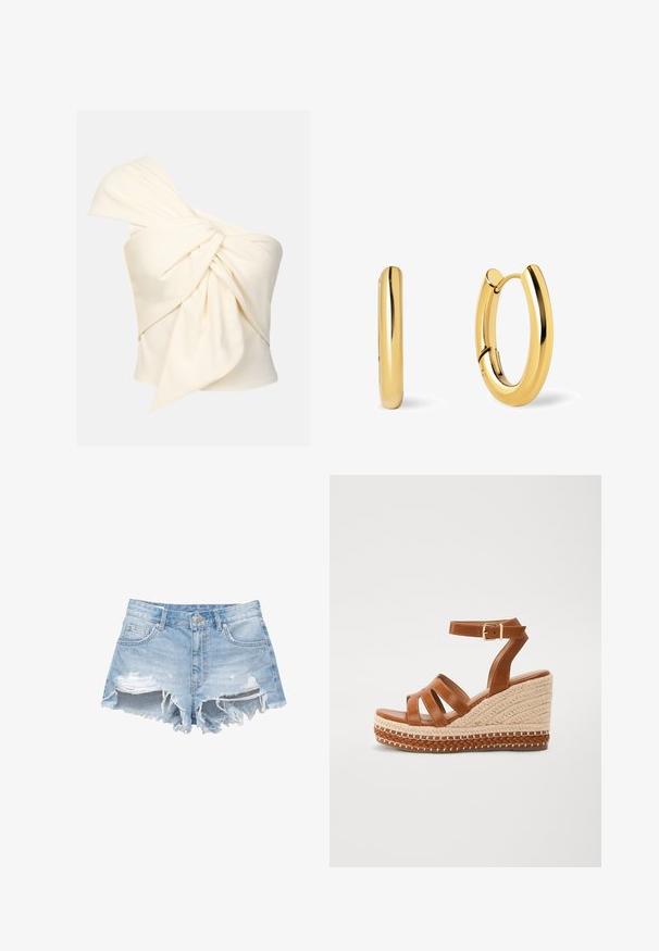 Cremfarbenes Top mit einem Schulterträger aus glattem Stoff, das an der Vorderseite mit einem großen, verdrehten Knoten-Detail versehen ist und eng anliegt.; Hellblaue Jeansshorts mit distressed Details, fransigen Säumen und fünf Taschen. Sie verfügen über einen Knopfverschluss und Gürtelschlaufen.; Braune Leder-Wedge-Sandalen verfügen über eine gewebte Jutsohle, ein offenes Zehen-Design mit drei Riemen und einen Schnallenknöchelriemen für einen sicheren Sitz.; Goldene Creolen mit einer glatten, polierten Oberfläche, ausgestattet mit einem schwenkbaren Verschluss und einem abgerundeten, elongated Design.