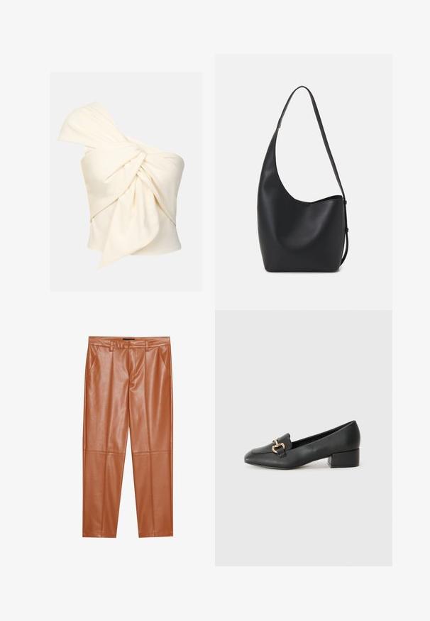 Top w kolorze kremowym na jedno ramię, wykonany z gładkiej tkaniny, z dużym skręconym węzłem z przodu i dopasowanym krojem.; Brązowe spodnie z sztucznej skóry o dopasowanym kroju, z przodem z fałdami i prostymi nogawkami. Gładka tekstura bez widocznych elementów metalowych lub akcentów.; Czarne skórzane loafersy z płaskim obcasem, z ozdobnym złotym detalem z przodu i gładką fakturą.; Czarna skórzana torba hobo o gładkiej fakturze, zaokrąglonym kształcie i pojedynczym, regulowanym pasku; posiada szerokie otwarcie na górze.