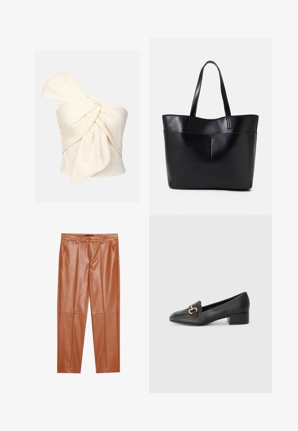 Top crema de um ombro, feito de tecido suave, apresentando um grande detalhe de nó torcido na parte da frente e um ajuste justo.; Calças de couro sintético castanho com um corte ajustado, apresentando pregas frontais e pernas retas. Textura suave sem acessórios ou detalhes visíveis.; Mocassins de couro preto com um salto baixo, apresentando um detalhe decorativo em metal dourado na parte da frente e uma textura suave.; Bolsa tote preta em couro com duas alças longas, textura suave e forma estruturada. Apresenta um bolso frontal para armazenamento adicional.