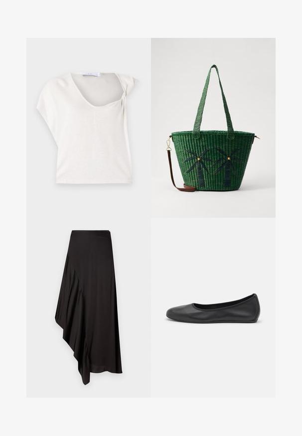 Light gray short-sleeve top with a gently draped design and a scoop neckline, featuring a textured, woven fabric for added dimension.; AERON ASTER SKIRT - Pencil skirt - black; Black leather ballet flat with a rounded toe, smooth texture, minimal stitching detail, and a flexible sole design.; Green woven tote bag with palm tree designs in darker green; features two handles and a detachable brown leather strap.