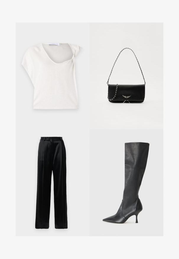 Šviesiai pilkas trumpas rankovės viršus su švelniai krentanti struktūra ir apvaliu kaklu, pasižymintis tekstūruotu, audiniu, kuris suteikia papildomą dimensiją.; Juodos satino kelnės su aukštu liemeniu, tiesiais plačiais kojais, diržo kilpomis ir plokščiu uždarymu prieš baltą fono.; Juodų odinių batų iki kelių su smailiu pirštu ir plonu stiletto kulnu. Lygus paviršius, pritaikytas dizainas ir siuvimas viršutiniame krašte.; Juodas odinis delninukas su sidabro spalvos grandinele, papuoštas dekoratyviniais sparnų akcentais ir balta siūle apačioje.