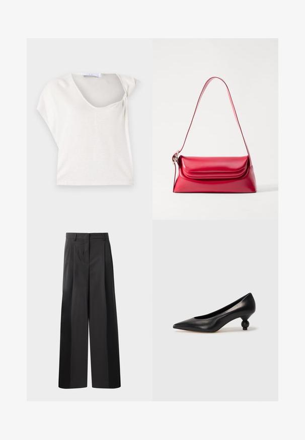 Šviesiai pilkas trumpas rankovės viršus su švelniai krentanti struktūra ir apvaliu kaklu, pasižymintis tekstūruotu, audiniu, kuris suteikia papildomą dimensiją.; Juodos plačios kelnės su aukštu liemeniu, su priekinėmis raukšlėmis, glotnia tekstūra ir pritaikytu apdailos stiliumi. Sukurtos laisvam sėdėjimui.; Juoda odinė aukštakulnė bateliai su smailiu pirštu ir apvaliu, iškiliu kulnu. Lygus paviršius su elegantišku, minimalistiniu dizainu.; Raudona odinė rankinė su griežta forma, lygiu paviršiumi ir viena reguliuojama petneša. Turėkite suapvalintą klojinį.
