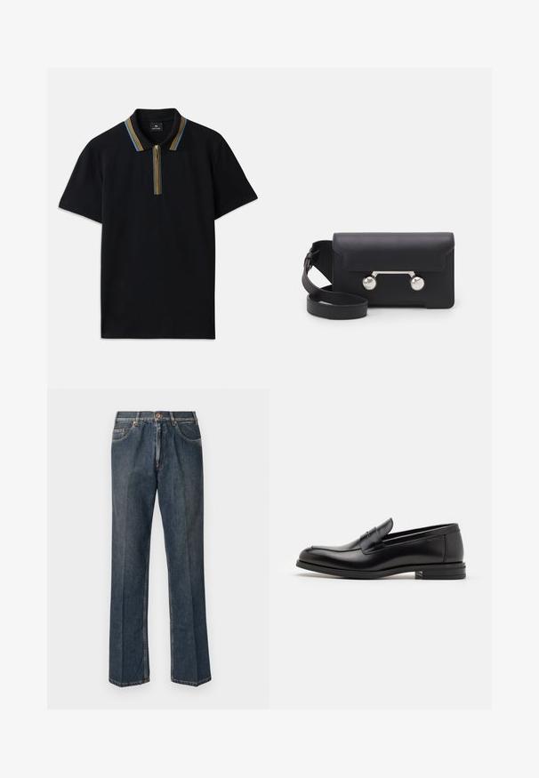 Fekete pólóing pamutból, rövid ujjakkal és cipzáros elöl. A gallérján kék és sárga csíkos díszítések találhatók.; Sötétkék egyenes szárú farmernadrág elülső gombbal, cipzáros behúzással, dupla elülső zsebekkel és lábszárakon látható függőleges ráncokkal.; Fekete bőr loaferek sima textúrával, kerek orral és dekoratív pánttal a vampnál. Alacsony, rétegelt sarkú, minimalista dizájn.; Fekete bőr keresztpántos táska hajtókával, ezüst színű kiegészítőkkel és két kerek díszítéssel. Levehető pánttal rendelkezik. Simább textúrájú.
