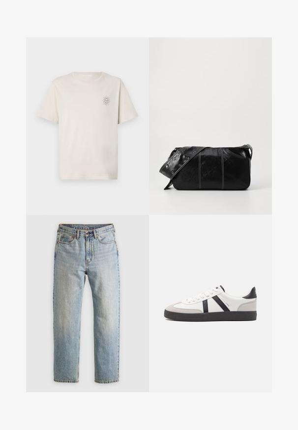 Koorikreemhalli lühikeste varrukatega T-särk, mis on valmistatud puuvillast, vasakul rinnal on väike päikese graafika. Lihtne ümar kaelus ja mugav lõige.; Heledad hele sinine teksapükste kõrge vöökoht, ees nupuga, lukuga ja viie taskuga disain, asetatud tasasele neutraalsele taustale.; Valged tossud mustade ja hallide aktsentidega, tekstureeritud halli varbakattega, musta kummitald ja lamedad valged paelad. Puhtad jooned, minimalistlik stiil.; Must mustra nahkainine õlakott, millel on tõmblukk, tekstureeritud pind, valged õmblused ja rihm hõbedaste rõngastega.