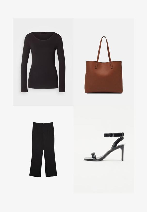 Sort langærmet top lavet af glat stof med rund halsudskæring og tætsiddende silhuet; har ingen mønstre eller detaljer.; Sorte bukser med lige pasform, der har frontlommer og slidser i kanten. Lavet af blødt, glat stof. Velegnet til forskellige anledninger.; Sorte hælede sandaler med en blank finish, der har to slanke stropper og en ankelrem, placeret på en slank stilettohæl.; Brun læder tote taske med en glat overflade, åben topdesign og to skulderremme. Har minimal syning og ingen synlig hardware.