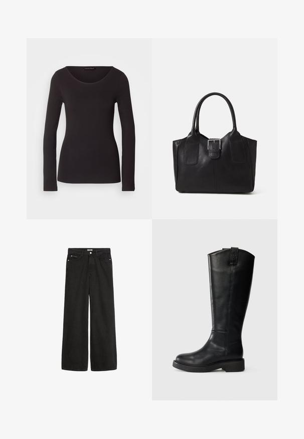 Camisola preta de manga longa feita de tecido suave, com decote redondo e silhueta justinha; não apresenta padrões nem detalhes.; Jeans de denim preto de perna larga com cintura alta. Apresenta cinco bolsos, ferragens metálicas e um acabamento limpo. A textura é suave e macia.; Bota alta de couro preta, com bico arredondado, sola robusta, costura mínima e um detalhe do logo na parte de trás. Textura suave.; Bolsa tote de couro preta com textura suave, forma estruturada, duas alças e um destaque prateado proeminente na parte da frente.