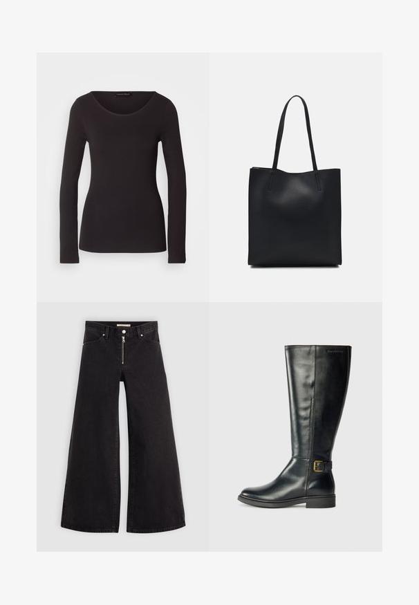Top negru cu mânecă lungă, confecționat dintr-un material neted, cu decolteu rotund și siluetă ajustată; nu are modele sau accente.; Jeans cu picioare largi din denim negru, cu fermoar în față, design cu cinci buzunare și detalii subtile de cusătură. Textură netedă și stil casual.; Botă neagră din piele, până la genunchi, cu un finisaj neted, vârf rotund și un detaliu cu cataramă pe lateral; cusături subtile pe margini.; Geantă tote neagră din piele, cu textură netedă, formă rectangulară și două mânere lungi. Fără hardware vizibil sau ornamente.