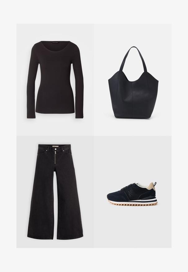 Černý dlouhý rukáv top z hladké látky s kulatým výstřihem a přiléhavým střihem; nemá žádné vzory ani akcenty.; Džíny s širokými nohavicemi v černém denimovém provedení se zipem vpředu, pěti kapsami a jemnými švy. Hladká textura a ležérní styl.; Tmavě modrá sportovní obuv s vrchní částí z jemné síťoviny a semiše, béžovými akcenty, bílou mezipodešví a texturovanou gumovou podrážkou s vzorovaným běhounem.; Černá taška přes rameno vyrobená z hladké kůže, s zakřiveným, otevřeným vrchem a dvěma ramenními popruhy, s minimalistickým designem.