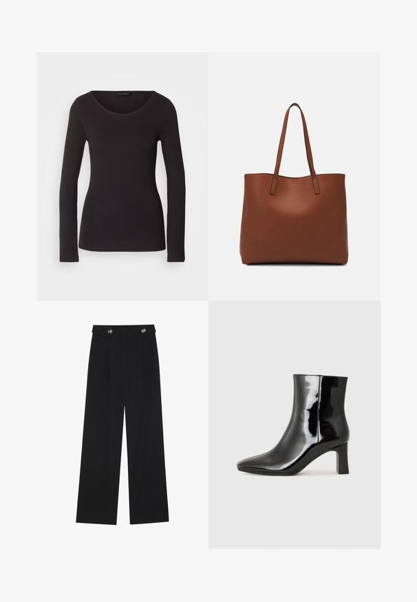 Camisola preta de manga longa feita de tecido suave, com decote redondo e silhueta justinha; não apresenta padrões nem detalhes.; Calças largas pretas com cintura alta, detalhes em botão na cintura e pregas frontais.; Botim de tornozelo em pele sintética preta com bico apontado e salto bloco de altura média. Textura suave e design minimalista.; Bolsa tote de couro castanho com uma textura suave, design de abertura superior e duas alças para o ombro. Apresenta costura mínima e sem hardware visível.