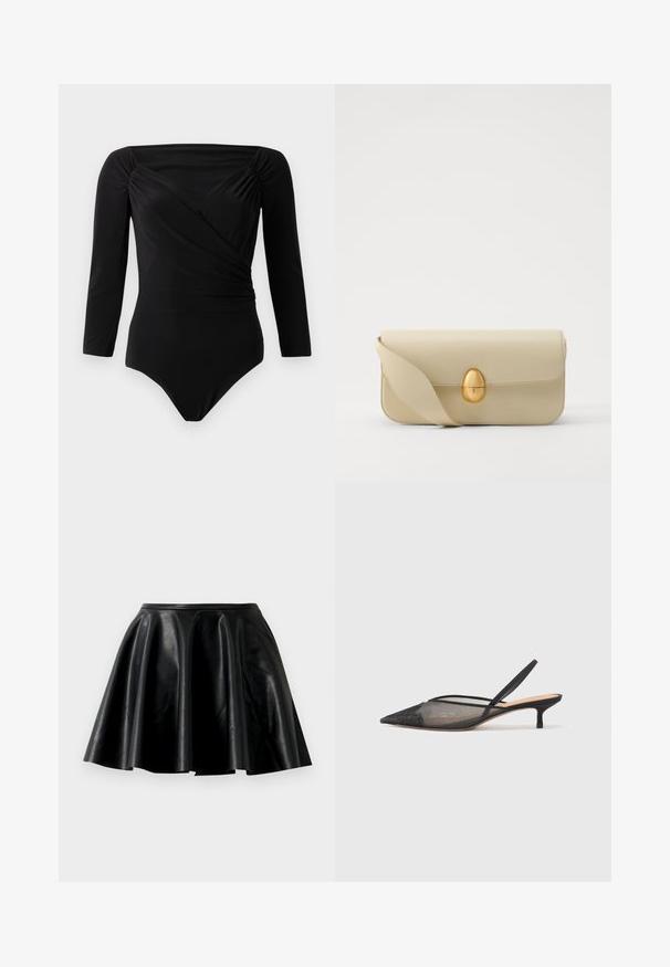 Melnā garo piedurkņu bodijā ar apvijuma dizainu, grumbuļotiem akcentiem plecos, gludu tekstūru un dziļu izgriezumu.; Melnas ādas svārki ar izplūdušu formu, gludu tekstūru, platu maliņu un pieguļošu jostu. Virsma ir ar smalku spīdumu un bez redzamām rotājumām.; NEOUS IRENA - Klasiski papēži - black; Beige krēma ādas somiņa ar gludu tekstūru, taisnstūra formu un zelta ovālu aizdari. Aprīkota ar garu, regulējamu siksnu.