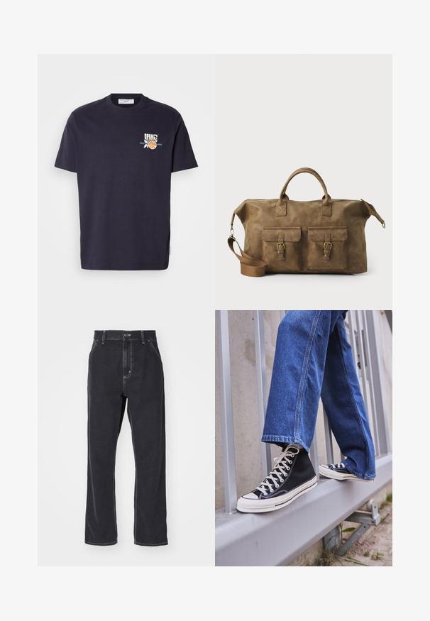 Marineblå bomulds T-shirt med rund hals, korte ærmer og et grafikdesign, der viser en basketball og tekst på venstre front.; Sorte denim jeans med lige ben, der har lynlåsgylpter, fem lommer og kontrastsyninger langs sømmene.; Sorte høj-top sneakers med hvid sål og snørebånd, parret med løse blå denimjeans, hvilende på et gråt gelænder.; Brun læder duffel taske med to forlommer, justerbar skulderrem, guldfarvet hardware og robuste top håndtag. Glat tekstur.