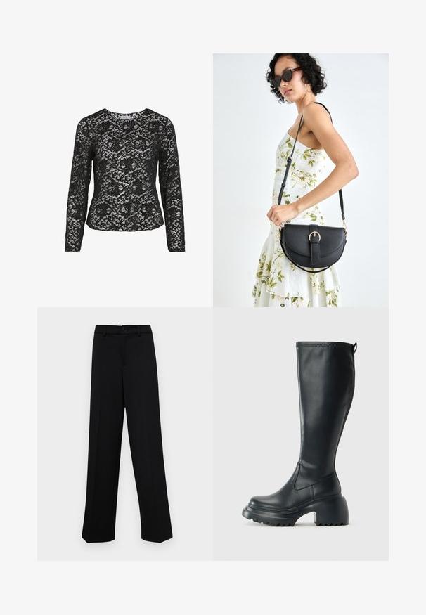 Melnā mežģīņu blūze ar garām piedurknēm. Ziedu raksts, teksturēts dizains, apaļa kakla izgriezums un caurspīdīga auduma. Apsēta siluets, eleganta izskats.; Melnas platajās bikses, kas izgatavotas no gludas auduma, ar klasisku jostu un pogu aizdari, kā arī priekšējām kroku detalizācijām.; Augstas melnas ādas zābakus ar masīvu platformu un bloka papēdi, ar vilkšanas cilpu un strukturētu profilu uz ārējā zoles.; Melnas ādas rokassoma ar izliekta formu, noņemamu siksnu un zelta aksesuāriem. Somai ir vāciņš ar sprādzes detaļu.