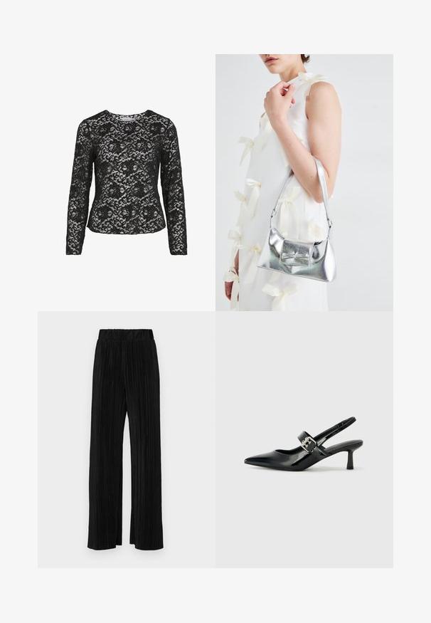 Fekete csipkeblúz hosszú ujjakkal. Virágmintás, texturált kialakítás, lekerekített nyakvonal, átlátszó anyag. Testre szabott fazon, elegáns megjelenés.; Fekete pliszírozott nadrág gumis derekkal. Széles lábakkal rendelkezik, sima, texturált anyagból készült, függőleges csíkokkal.; Fekete lakkbőr slingback sarkú cipők hegyes orral és kis blokk talppal, ezüst csat díszítéssel a pánton.; Ezüst fémes kézitáska, struktúrált formával, felső fogantyúval és masnis részlettel az elején. Simaságával és fényes felületével tűnik ki.