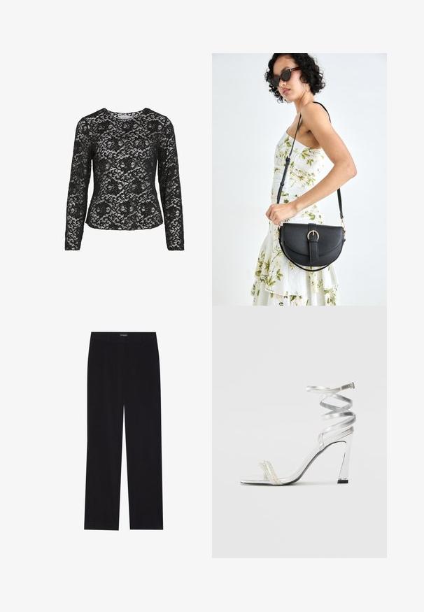 Musternatukate mustriga mustriga mustriga, õhukesest riidest, pika varrukaga mustkame. Lilleline mustriga, tekstureeritud disain, ümardatud kaelus. Kohandatud lõige, elegantne välimus.; Mustad sametpüksid sirge lõikega, lame vöökoht, ilma nähtavate taskuteta, sile tekstuur ja vertikaalne soonikute detail.; Hõbedased kõrge kontsaga sandaalid läikiva rihma disainiga, millel on pärlilaadne aktsent ja keerduv pahkluu rihm turvaliseks sobivuseks.; Mustmust mustraha kõverate joontega, eemaldatava rihmaga ja kuldsete detailidega. Kotil on klapp, millel on pandladetail.
