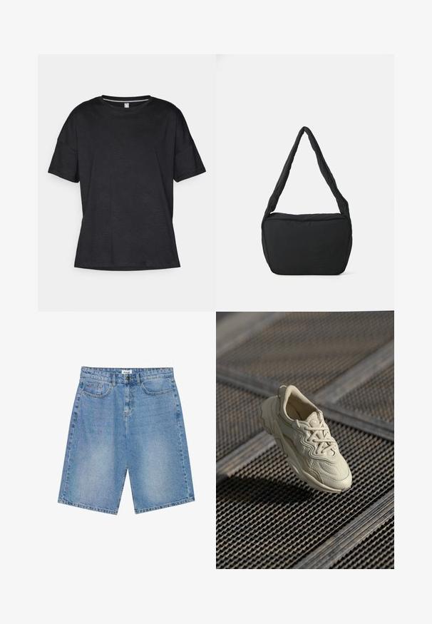 Fekete, rövid ujjú póló, texturált anyagból készült, finom hullámmintával, kerek kivágással és laza fit. ; Világoskék farmer rövidnadrág, egyenes szabással, öt zsebes kialakítással és kontrasztos varrással. Gombos és cipzáras záródással rendelkezik.; Beige sneakerek textúrázott anyagból, sima kontrasztos részletekkel, kerek talppal és fűzőkkel, egy rácsozott felület fölött lebegve.; Fekete válltáska párnázott textúrával, lekerekített formával és széles pánttal, az elején domború logóval.