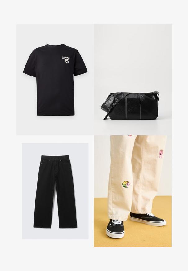 Černé bavlněné tričko s krátkým rukávem a kulatým výstřihem, s bílým grafickým designem na levé části hrudi.; Černé kalhoty s širokými nohavicemi vyrobené z denimu, s klasickým designem pěti kapes a strukturovaným pasem s poutky na opasek.; Béžové bavlněné kalhoty s hravými vyšívanými vzory, včetně růžové postavičky a barevného bloku, v kombinaci s černými šněrovacími teniskami.; Černá kožená kabelka přes rameno se zapínáním na zip, s texturovaným tělem, bílým prošíváním a popruhem se stříbrnými očky.