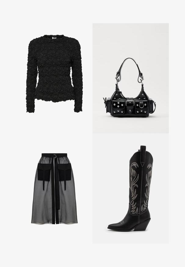 Sort langærmet top med en tekstureret, samlet mønster, der har en rund halsudskæring og en tætsiddende silhuet. Glat stoffinish.; Sort gennemsigtig nederdel med en rynket talje, der har to store forlommer, et taljebånd og en cirkulær metaldetalje.; Sorte læder cowboystøvler med spidse tæer, kilehæle og sølv broderede blomster mønstre langs skaftet. Kontrast syning overalt.; Sort læderhåndtaske med et buet design, prydet med sølvfarvede nitter, en spænde og to sidelommer. Justerbar rem til forskellige bære muligheder.