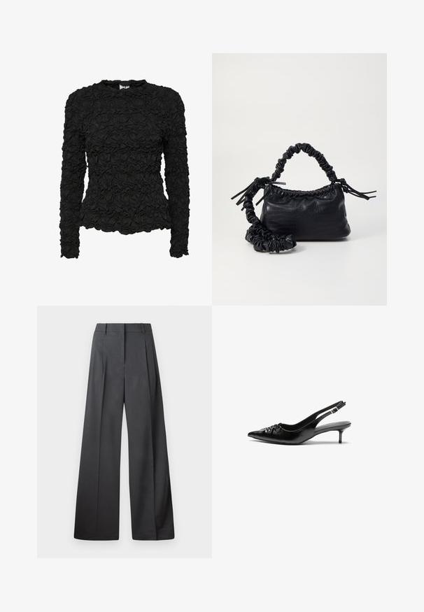 Must keskmisevarrukaga must topp, millel on tekstuuriga volditud muster, ümmargune kaelus ja keha külge liibuv siluett. Silmapaistev kangas.; Tumesed püksid tumesinises kangas, kõrge vöökoht, üks voldik ning sile struktuur puhaste ääristega.; Musthave nahkased kõrged kontsad, millel on terav varvas, väike kitten-kont ja dekoratiivne sõlm ees. Ühtlane sile tekstuur.; Must must sünteetilisest nahast käekott, millel on krokodillimuster, kokku tõmmatav ülaosa ja kortsus rihm. Tundub pehme ja kompaktne disain.