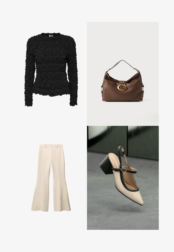 Maglietta nera a maniche lunghe con un motivo testurizzato e arricciato, caratterizzata da un collo rotondo e una silhouette aderente. Finitura del tessuto liscia.; Pantaloni beige a gamba larga con una texture liscia, dotati di una parte frontale piatta, passanti per la cintura e profonde aperture laterali all'orlo.; Scarpa beige con punta a stivale, con rifiniture nere, fibbia dorata e tacco a blocco spesso su un pavimento grigio con sfondo verde scuro.; Borsa a mano in pelle marrone con una finitura testurizzata, dotata di un gancio in metallo dorato e di una singola tracolla curva.