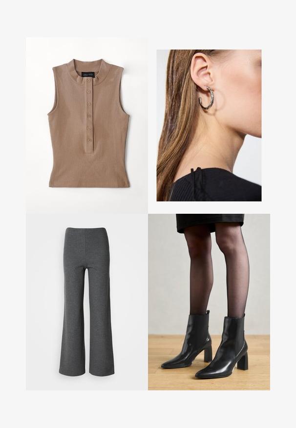 Top senza maniche di colore beige realizzato in tessuto a coste. Presenta un colletto alto e una patta con cinque bottoni marroni. Texture liscia.; Camicia bianca a maniche lunghe con colletto e taschino sul petto, esposta su uno sfondo semplice.; Pantaloni larghi grigi realizzati in tessuto morbido, caratterizzati da una texture liscia e un design a vita alta senza chiusure visibili.; Stivaletti neri in pelle con punta affusolata, tacco quadrato imponente e design elegante. Dotati di pannelli laterali elasticizzati per una facile vestibilità.; Orecchino a cerchio in argento con finitura lucida, caratterizzato da piccoli dettagli in oro e una forma tondeggiante, indossato sul lobo.