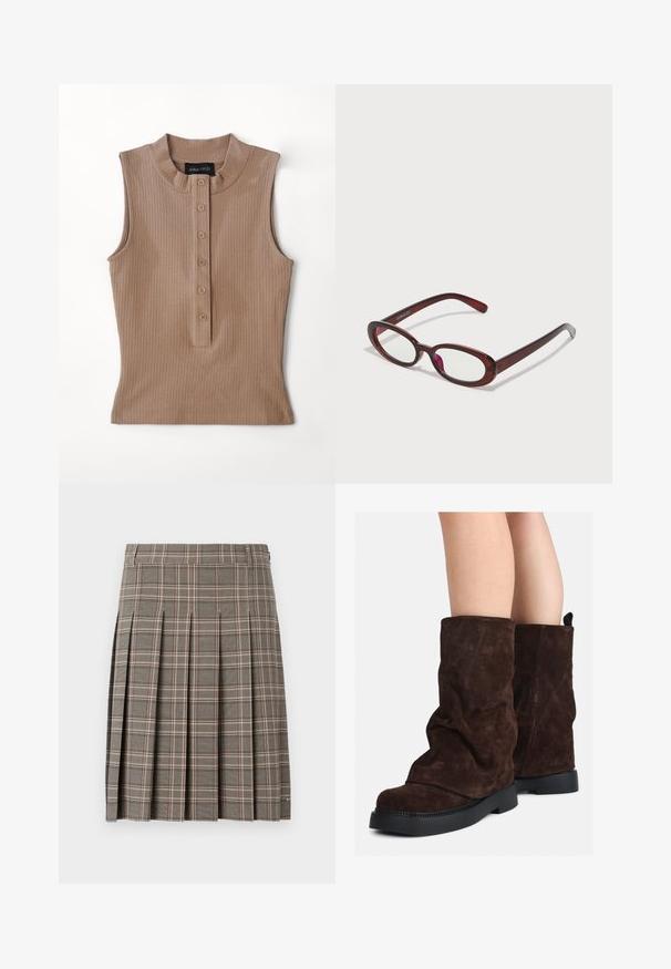 Beżowa, bezrękawnikowa bluzka z prążkowanej tkaniny. Posiada wysoki kołnierz oraz zapięcie na guziki z pięcioma brązowymi guzikami. Gładka tekstura.; Szara spódnica w kratę z plisami, z miksu ciemnych i jasnych odcieni oraz subtelnymi różowymi liniami. Uszyta z teksturowanej tkaniny z elastycznym pasem.; Brązowe zamszowe botki do połowy łydki z czarnymi gumowymi podeszwami noszone na nagich nogach, z lekkim marszczeniem na cholewkach.; Owalne czerwone okulary przeciwsłoneczne z przezroczystymi soczewkami i eleganckimi brązowymi oprawkami. Projekt charakteryzuje się subtelnymi krzywiznami i minimalną ilością elementów metalowych.