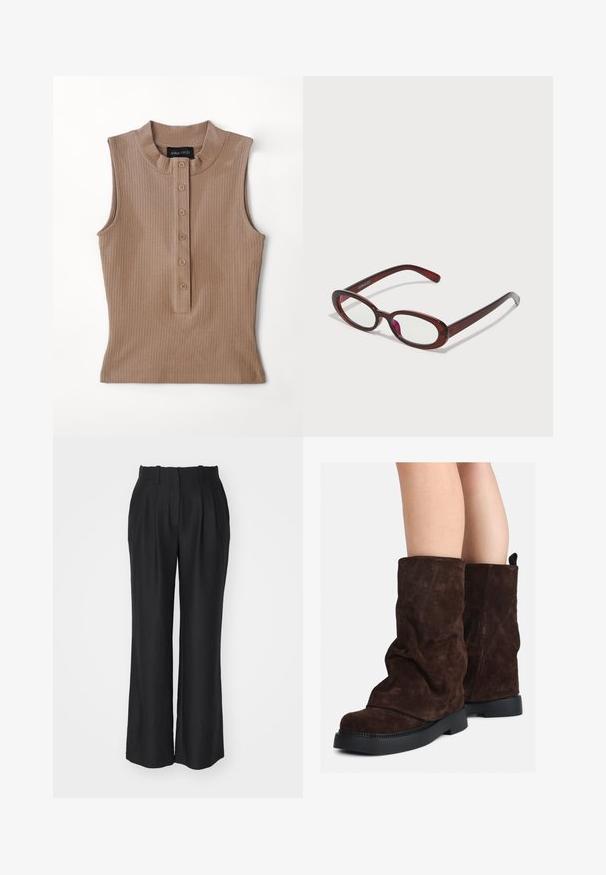 Krems krāsas bezpiedurkņu tops, izgatavots no ribotas auduma. Ar augstu apkakli un piecu brūnu pogu pogu plāksni. Gluda tekstūra.; Melni platā kāja bikses ar augstu jostu, ar bārkstīm, izgatavotas no gludas, teksturētas auduma, ar taisnu griezumu apakšmalē.; Brūni zamšādas puszābaki līdz teļiem ar melnām gumijas zālēm uz atklātām kājām, ar vieglu krokām uz zābaku kājām.; Ovālas formas sarkanās saulesbrilles ar caurspīdīgām lēcām un gludām brūnām rāmī. Dizainā ir nemanāmas līknes un minimāls aparatūras daudzums.