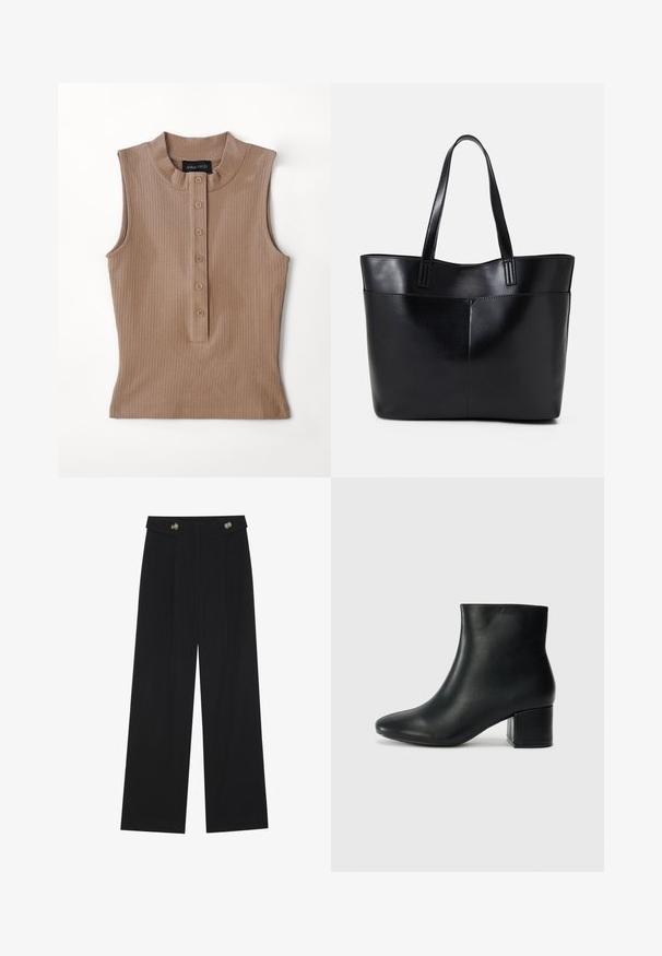 Beżowa, bezrękawnikowa bluzka z prążkowanej tkaniny. Posiada wysoki kołnierz oraz zapięcie na guziki z pięcioma brązowymi guzikami. Gładka tekstura.; Czarne szerokie spodnie z wysokim stanem, z detalami w postaci guzików na pasku oraz plisami z przodu.; Czarne skórzane botki za kostkę z ostrym noskiem i masywnym obcasem. Gładka tekstura z minimalnymi akcentami i elegancki, dopasowany fason.; Czarna skórzana torba na ramię z dwoma długimi uchwytami, gładką teksturą i sztywną formą. Posiada przednią kieszeń dla dodatkowego przechowywania.