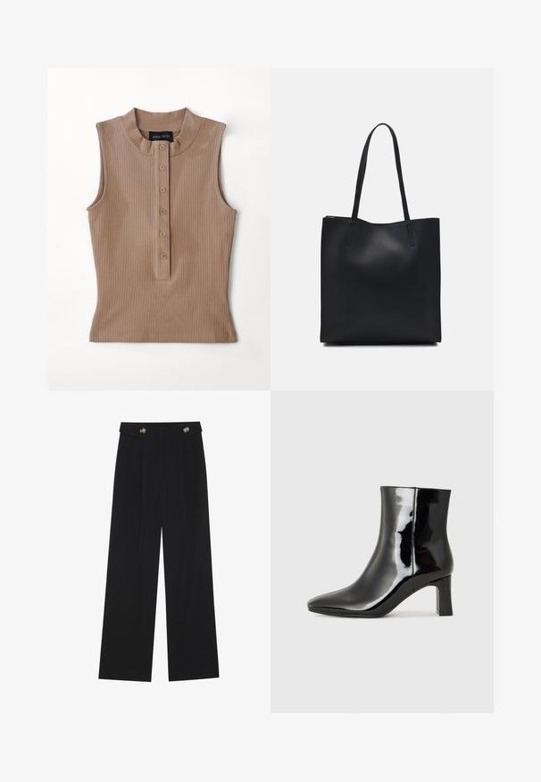 Tan sleeveless top made of ribbed fabric. Features a high collar and a button placket with five brown buttons. Smooth texture.; Black wide-leg trousers with high waist, button details on waistband, and front pleats.; Black patent leather ankle boot with a pointed toe and a mid-height block heel. Smooth texture and minimalist design.; Black leather tote bag with smooth texture, rectangular shape, and two long handles. No visible hardware or embellishments.