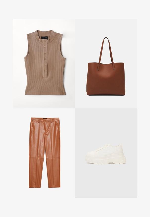 Tan sleeveless top made of ribbed fabric. Features a high collar and a button placket with five brown buttons. Smooth texture.; Brown faux leather trousers with a tailored fit, featuring front pleats and straight legs. Smooth texture with no visible hardware or accents.; White canvas sneaker with a chunky sole, rounded toe, and five eyelets for laces. Back tab for easy wear. Smooth texture, minimalist design.; Brown leather tote bag with a smooth texture, open top design, and two shoulder straps. Features minimal stitching and no visible hardware.