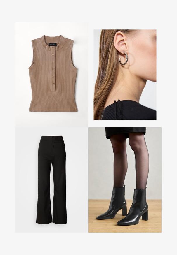 Tan mouwloze top van ribgebreide stof. Heeft een hoge kraag en een knopenpad met vijf bruine knopen. Soepele textuur.; Zwarte wijde broek met een gladde textuur, hoge taille en een strakke uitstraling. Geen zichtbare zakken of versieringen.; Zwarte leren enkellaarsjes met een spitse neus, stevige vierkante hak en een fraaie uitstraling. Beschikt over elastische zijpanelen voor gemakkelijke aan- en uittrekken.; Zilveren oorbel met een gepolijste afwerking, met kleine gouden accentdetails en een ronde vorm, gedragen op de oorlel.