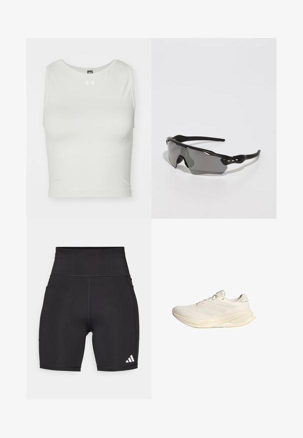 Bijela skraćena atletska košulja napravljena od glatkog, rastezljivog materijala s okruglim izrezom i bez rukava; u sredini sprijeda ima mali logo.; Crne atletske kratke hlače izrađene od rastezljivog materijala. Visoki struk, dužina do sredine bedra, s bijelim logotipom od tri pruge na donjoj lijevoj strani.; Svijetlosmeđi atletski tenisice s mrežastim gornjim dijelom, ravnim vezicama i mekanim potplatima. Imaju dizajn s tri pruge na bočnoj strani.; Crne sportske sunčane naočale s elegantnim dizajnom, leće koje se obavijaju oko glave, sivi tonirani stakla i teksturirane crne nogice. Nema vidljivih logotipa.
