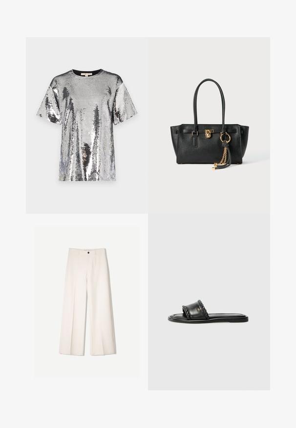 Srebrna bluzica s cik-cak crnim izrezom, kratkim rukavima i slobodnim krojem, s sjajnom, teksturiranom površinom.; Kreme hlače širokih nogavica s krojem koji je prilagođen, s dva prednja džepa i jednim prednjim zatvaranjem na gumb, izrađene od glatkog materijala.; Crne kožne sandale s pletenim detaljem na remenu, ravnim potplatom i elegantnim dizajnom. Glatka tekstura i minimalistički profil.; Crna kožna torba s dvostrukim ručkama, zlatnom bravicom i lancem kao detaljem, te crno-bijelim resicom kao dodatkom, sve na bijeloj pozadini.