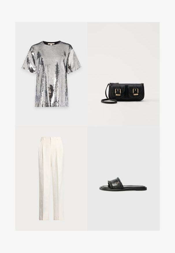 Top argintiu cu paiete, cu guler rotund negru, mâneci scurte și croială lejeră, având o suprafață strălucitoare și texturată.; Polo Ralph Lauren HEMP WIDE LEG PANT - Pantaloni - nevis; Sandal cu talpă plată din piele neagră, cu detaliu de curea împletită și un design elegant. Textură netedă și profil minimalist.; Geantă neagră din piele, tip crossbody, cu două buzunare frontale, catarame aurii, închidere cu fermoar și o curea subțire. Suprafață texturată și formă rectangulară compactă.