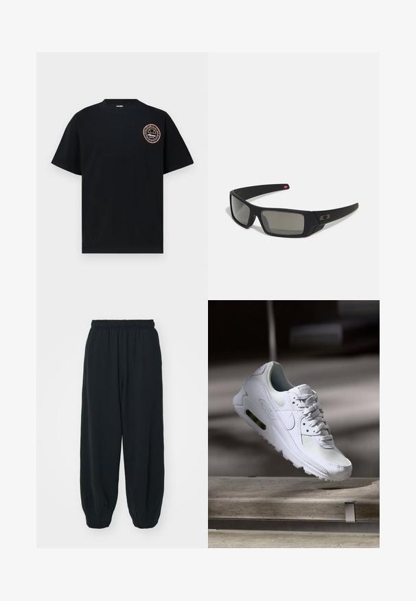 Ellesse DUOMO TEE - Triko s potiskem - black; Černé teplákové kalhoty s elastickým pasem, volným střihem, manžetami na kotnících, hladkým povrchem a bez viditelných vzorů či kovových detailů.; Bílé tenisky Nike Air Max 90 s vrchním materiálem z textilu a kůže, perforovanou špičkou a viditelnou vzduchovou jednotkou v patě.; Černé sluneční brýle s matným povrchem, obdélníkové čočky, mírná křivka na spáncích, nenápadný detail loga a čočky s kouřovým zabarvením.