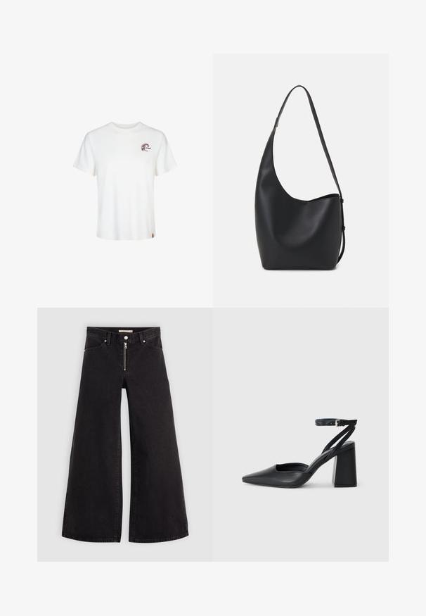 Balti medvilnės marškinėliai trumpomis rankovėmis, su apvaliu iškirpimu ir mažuoju ruduoju logotipu kairėje krūtinės pusėje. Minkšta tekstūra ir standartinė fasonas.; Plačios kojų džinsai iš juodo džinsinio audinio su užtrauktuku priekyje, penkių kišenių dizainu ir subtiliais siuvinėjimo akcentais. Lygus paviršius ir laisvalaikio stilius.; Juoda odinė smailiagalė aukštakulnio bateliai su kulkšnies dirželiu ir storu kulnu. Lygus paviršius, elegantiškas dizainas ir minimalistiška estetinė. ; Juodas odinis hobo maišas su lygiu paviršiumi, kreipta forma ir viena reguliuojama rankena; turi platų atidarymą viršuje.