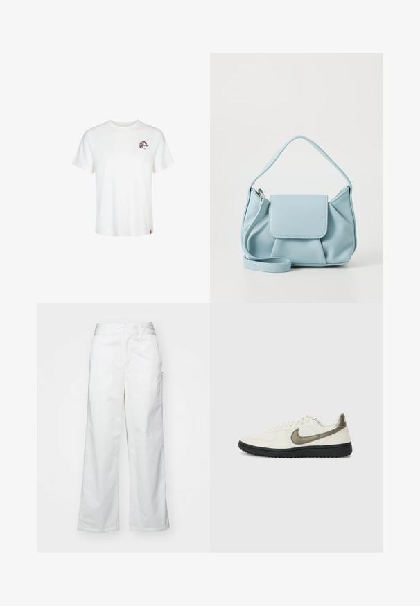 Biely bavlnený tričko s krátkými rukávmi, kulatým výstrihom a malým hnedým grafickým logom na ľavej hrudi. Mäkka textúra a štandardný strih.; Biele široké nohavice vyrobené z bavlny, s hladkým povrchom, rovnou siluetou, prednými vreckami a čistým lemom.; Nike Sportswear FIELD GENERAL - Tenisky - off-white/black; Svetlomodrá kožená kabelka s hornou rukoväťou, prednou klopou a odnímateľným zápästným popruhom na bielom pozadí.