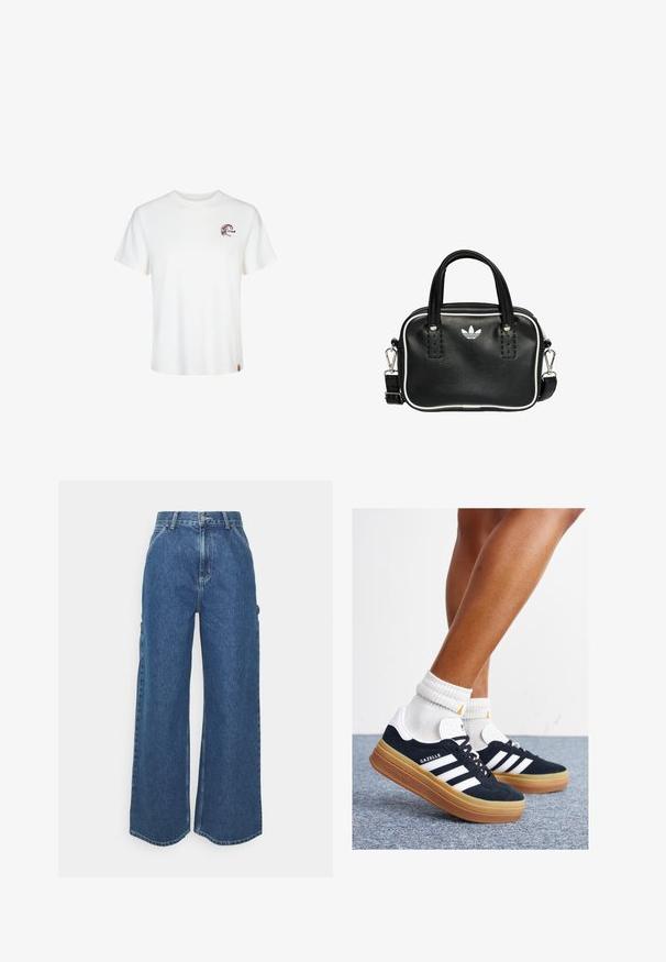 Camiseta blanca de algodón con mangas cortas, escote redondo y un pequeño logotipo gráfico marrón en el lado izquierdo del pecho. Textura suave y corte estándar.; Pantalones vaqueros de pierna ancha en azul con cintura alta, costuras en contraste y bolsillos laterales, que cuentan con un diseño clásico de cinco bolsillos y dobladillos sin rematar.; Zapatillas deportivas de gamuza negra con rayas y detalles blancos, puntera redondeada, suela de goma color caramelo, combinadas con calcetines blancos acanalados a la altura del tobillo.; Bolso de mano de cuero negro con dos asas cortas, herrajes plateados, detalles en blanco y un logotipo blanco. Presenta una superficie texturada y un diseño compacto.