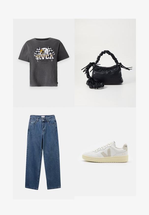 Šedé bavlněné tričko s krátkými rukávy, na kterém je motiv orla a kostkovaných vlajek. Design zahrnuje text "RVCA" a slogan pod ním.; Klasické modré džíny z denimu se střihy rovné nohy, pěti kapsami a zapínáním na knoflík. Mají střední odstín a odolnou texturu.; Bílé kožené tenisky s béžovými semišovými akcenty, perforovanou špičkou, plochými tkaničkami a strukturovanou krémovou podešví. Obsahují jemné logo na patě.; Černá kabelka z umělé kůže s krokodýlím vzorem, staženým vrškem a zmačkaným popruhem. Zdá se, že má měkký a kompaktní design.