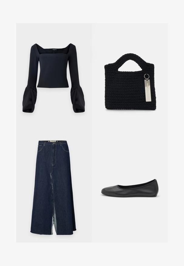 Schwarz langärmliges Oberteil mit quadratischem Ausschnitt, voluminösen, gefütterten Ärmeln und einem taillierten Oberteil aus einem glatten Stoff.; Dunkelblaue Jeans-Lange mit einem vorderen Schlitz. Sie verfügt über ein traditionelles Fünf-Taschen-Design und sichtbare Nähte. Der Saum ist ausgefranst.; Schwarze Leder-Ballettschuhe mit abgerundeter Spitze, glatter Textur, minimalen Nähdetails und einem flexiblen Sohlen-Design.; Won Hundred MARSIELLE COMPUTER BAG UNISEX - Notebooktasche - black