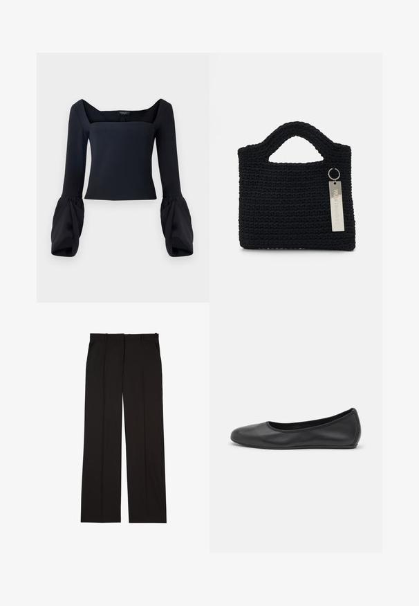 Black long-sleeve top with a square neckline, featuring voluminous cuffed sleeves and a fitted bodice made from a smooth fabric.; Black tailored trousers made of a smooth fabric, featuring a straight-leg design, and two side pockets. Elegant and minimalistic construction.; Black leather ballet flat with a rounded toe, smooth texture, minimal stitching detail, and a flexible sole design.; Won Hundred MARSIELLE COMPUTER BAG UNISEX - Laptop bag - black