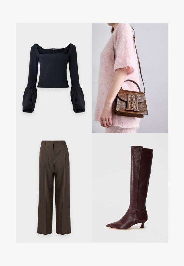 Black long-sleeve top with a square neckline, featuring voluminous cuffed sleeves and a fitted bodice made from a smooth fabric.; Brown wide-leg trousers with a smooth texture, featuring a high waist, front pleats, and a tailored design. No visible pockets or embellishments.; Burgundy leather knee-high boot with a pointed toe and slim kitten heel. Smooth texture with minimal detailing and a fitted silhouette.; Brown crocodile-embossed handbag with a top handle and shoulder strap. Features a prominent logo on the front flap. Soft texture.
