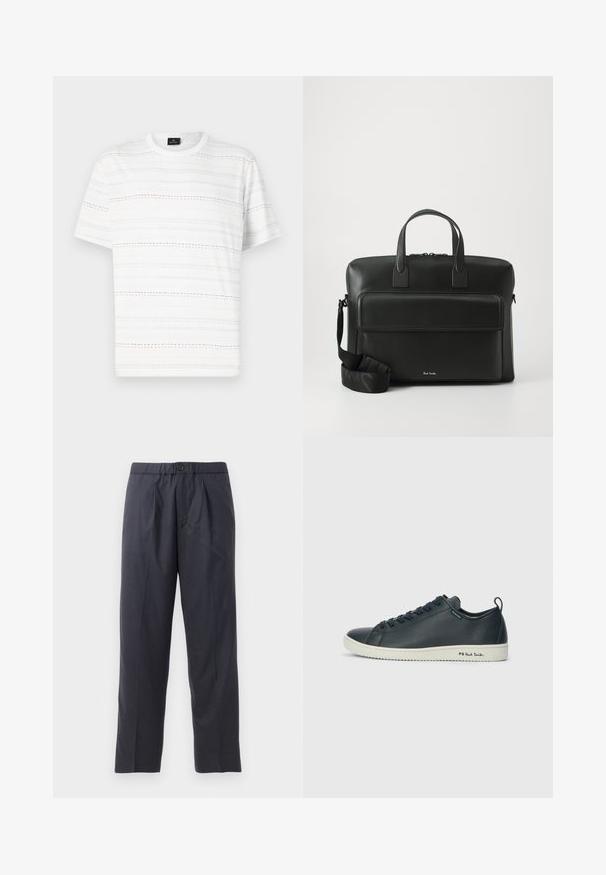 White T-shirt with short sleeves, featuring horizontal dashed lines in light blue, pink, and black. Classic crew neck design.; Dark navy trousers made of soft fabric with a pleated front design and elastic waistband. Features a button closure and straight-leg cut.; Dark navy leather sneaker with a smooth finish, rounded toe, six eyelet lacing, and contrasting white rubber sole. Features branding on the side.; Black leather briefcase with dual top handles, a front pocket, and a detachable strap, featuring subtle branding at the bottom.