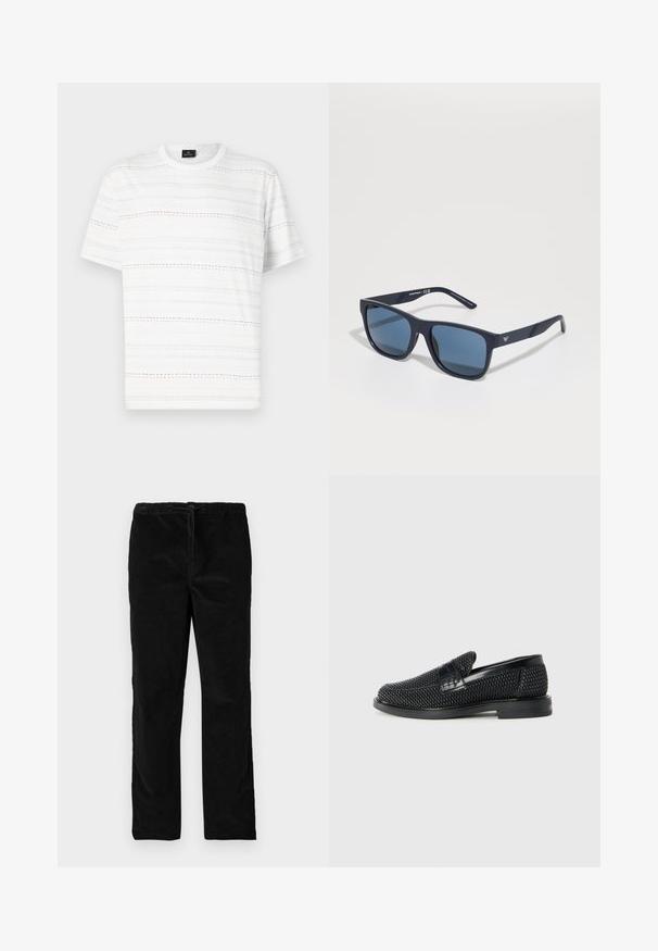 Balta trumpa rankovėmis marškinėliai, su horizontaliomis brūkšninėmis linijomis šviesiai mėlynos, rožinės ir juodos spalvų. Klasikinis apvalus kaklo iškirpimas.; Juodos tiesios blizgančios aksominės kelnės su elastinga juosmena ir priekyje esančia raišteliu, eksponuojamos prieš paprastą baltą foną.; Juodas pintas slip-on tipo batelis su lygiu odiniu akcentu viršuje, apvalios nosies dizainas ir žemas guminis padas.; Mėlynos stačiakampės saulės akinių su tamsiais objektyvais, matinio jūros gylio rėmu, su logotipo detalėmis ant šventyklos, tiesiomis šakėmis ir vientisa, lygi tekstūra.